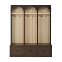 Farmhouse Hall Tree Coat Rack with 3 Arches and 8 Retro Hooks, Shoe Storage Bench Unit with 3 Drawers, 59'' L x 15.5'' W x 75'' H, Dark Walnut(m-2)