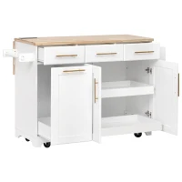 Vintage Kitchen Island with Trash Storage and Organizers, Versatile Rolling Cart with Power Outlet and Spice Rack, 59'' L x 29.5" W x 35.5" H, White(m-15)
