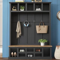 Farmhouse Hall Tree Coat Rack with 13 Compartments, Shoe Storage Bench Unit with Wide Storage Seating Bench, 59'' L x 18'' W x 79'' H, Black(m-8)