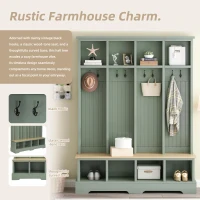 Farmhouse Hall Tree Coat Rack with 8 Retro Hooks, Shoe Bench Unit with 8 Storage Compartments, 59'' L x 15.5'' W x 76.5'' H, Mint Green(m-4)