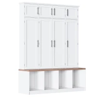 Rustic Farmhouse Hall Tree with 8 Storage Doors, Heavy-Duty Shoe Storage Bench Unit with 4 Bottom Compartments, 59'' L x 15.5'' W x 75'' H, White(m-12)