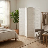 HOMCOM Room Divider, 4 Panel Folding Privacy Screen, 6FT Tall Portable Weave Partition Wall Divider for Bedroom, White(m-10)