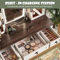 Farmhouse Dressing Vanity Desk with 3-Colour LED Lighted Mirror, Modern Makeup Table Unit with 3 Drawers, 43.5'' L x 15.5'' W x 53.5'' H, Beige(m-5)