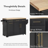 Vintage Kitchen Island with Trash Storage and Organizers, Versatile Rolling Cart with Power Outlet and Spice Rack, 59'' L x 29.5" W x 35.5" H, Black(m-4)