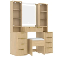 Elegant Fluted Dressing Vanity Desk with 3-Colour LED Mirror, Modern Makeup Table Unit with 10 Drawers, 43.5'' L x 15.5'' W x 54.5'' H, Oak(m-12)