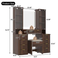 Elegant Fluted Dressing Vanity Desk with 3-Colour LED Mirror, Modern Makeup Table Unit with 10 Drawers, 43.5'' L x 15.5'' W x 54.5'' H, Brown(m-3)