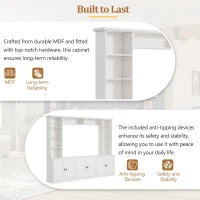 Rustic Farmhouse Entertainment Centre with 7 Adjustable Shelves, Modern TV Wall Unit with Panelled Doors, 95.5'' L x 15.5'' W x 76.5'' H, White(m-7)