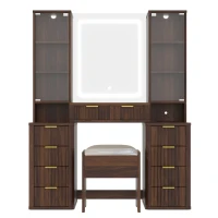 Elegant Fluted Dressing Vanity Desk with 3-Colour LED Mirror, Modern Makeup Table Unit with 10 Drawers, 43.5'' L x 15.5'' W x 54.5'' H, Brown(m-2)