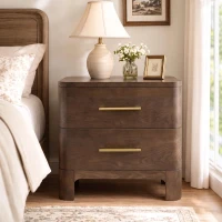 Chic Nightstand with 2 Drawers, Rounded Corners and Gold Handles, Versatile Storage Cabinet for Bedroom, 23.5'' L x 15.5" W x 22.5" H, Brown Oak(m-6)