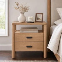 Modern Nightstand with Open Shelf and 2 Drawers, Wooden Bedside Storage Table Unit with Rounded Corners, 23.5'' L x 15.5'' W x 24'' H, Light Natural(m-1)
