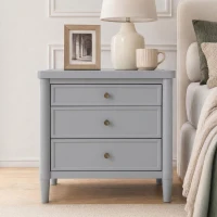 Modern Farmhouse Nightstand with 3 Storage Drawers, Wooden Bedside End Table with Tapered Legs, 23.5'' L x 15.5'' W x 24.5'' H, Gray(m-1)