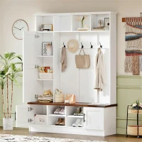 Rustic Farmhouse Hall Tree Coat Rack with Shoe Storage Bench, Heavy-Duty Storage Cabinet Unit with 6 Metal Hooks, 55'' L x 15.5'' W x 73'' H, White(m-1)