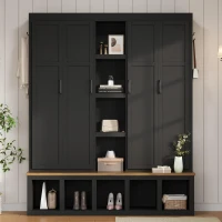Rustic 4-in-1 Hall Tree Coat Rack with 4 Cabinets and 6 Sturdy Hooks, Shoe Storage Bench Unit for Mudroom, 63'' L x 15.5'' W x 76.5'' H, Black(m-8)