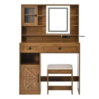 Farmhouse Makeup Vanity with LED Mirror and Outlet, Chic Dressing Table with Drawers and Padded Stool, 37.5'' L x 15.5" W x 56" H, Rustic Brown(m-2)