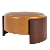 Modern Round Ottoman with Curved Wood-Grain and High-Density Foam, Versatile Coffee Table for Living Room, 32'' L x 32" W x 17.5" H, Brown(m-9)