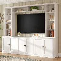 Rustic Farmhouse Entertainment Centre with 7 Adjustable Shelves, Modern TV Wall Unit with Panelled Doors, 95.5'' L x 15.5'' W x 76.5'' H, White(m-1)