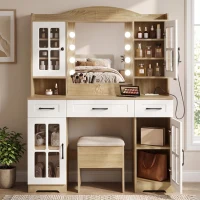 Farmhouse Makeup Vanity with Lighted Mirror and Outlet, Chic Dressing Table with Drawers and Stool, 47'' L x 15.5" W x 61.5" H, Natural+White(m-8)