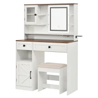 Farmhouse Makeup Vanity with LED Mirror and Outlet, Chic Dressing Table with Drawers and Stool, 37.5'' L x 15.5" W x 56" H, White+Walnut(m-14)
