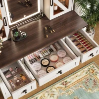 Farmhouse Dressing Vanity Desk with 3-Colour LED Lighted Mirror, Modern Makeup Table Unit with 3 Drawers, 43.5'' L x 15.5'' W x 53.5'' H, Beige(m-9)