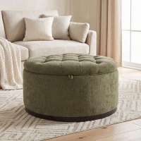 Elegant Round Storage Ottoman with Tufted Chenille and Removable Lid, Versatile Coffee Table for Living Room, 28'' L x 28" W x 16.5" H, Green(m-1)