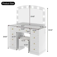 Luxurious Dressing Vanity Desk with 10 Hollywood Bulbs, Modern Makeup Table Set with 9 Storage Drawers, 44'' L x 15.5'' W x 53.5'' H, White(m-3)