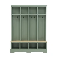 Farmhouse Hall Tree Coat Rack with 8 Retro Hooks, Shoe Bench Unit with 8 Storage Compartments, 59'' L x 15.5'' W x 76.5'' H, Mint Green(m-2)