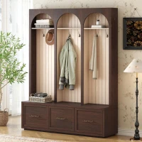 Farmhouse Hall Tree Coat Rack with 3 Arches and 8 Retro Hooks, Shoe Storage Bench Unit with 3 Drawers, 59'' L x 15.5'' W x 75'' H, Dark Walnut(m-1)