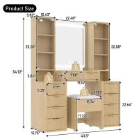 Elegant Fluted Dressing Vanity Desk with 3-Colour LED Mirror, Modern Makeup Table Unit with 10 Drawers, 43.5'' L x 15.5'' W x 54.5'' H, Oak(m-3)