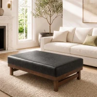 Sleek Large Ottoman with Faux Leather and Walnut Legs, Versatile Coffee Table for Living Room and Bedroom, 48" L × 27.5" W × 15.5" H, Black(m-1)
