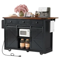 Farmhouse Kitchen Island with Power Outlet, Drop Leaf and Sliding Barn Doors, Versatile Rolling Cart for Kitchen, 53.5'' L x 18.5" W x 37" H, Black(m-14)