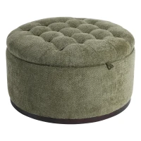 Elegant Round Storage Ottoman with Tufted Chenille and Removable Lid, Versatile Coffee Table for Living Room, 28'' L x 28" W x 16.5" H, Green(m-2)
