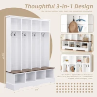 Farmhouse Hall Tree Coat Rack with 8 Retro Hooks, Shoe Bench Unit with 8 Storage Compartments, 59'' L x 15.5'' W x 76.5'' H, White(m-5)