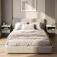 HOMCOM Floating Bedside Tables Set of 2 with Drawer, Open Storage and White Marble Effect Top for Bedroom, Natural(m-8)