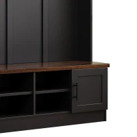Rustic Farmhouse Hall Tree Coat Rack with Shoe Storage Bench, Heavy-Duty Storage Cabinet Unit with 6 Metal Hooks, 55'' L x 15.5'' W x 73'' H, Black(m-13)