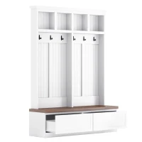 Rustic Farmhouse 4-in-1 Hall Tree Coat Rack with 2 Large Drawers, Shoe Storage Bench Unit with 6 Hooks, 53'' L x 15'' W x 75.5'' H, White(m-12)
