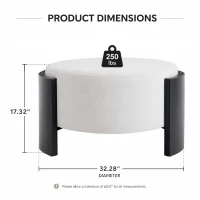 Chic Round Ottoman with Curved Wood-Grain and High-Density Foam, Versatile Coffee Table for Living Room, 32'' L x 32" W x 17.5" H, White+Black(m-3)