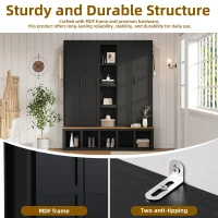 Rustic 4-in-1 Hall Tree Coat Rack with 4 Cabinets and 6 Sturdy Hooks, Shoe Storage Bench Unit for Mudroom, 63'' L x 15.5'' W x 76.5'' H, Black(m-7)