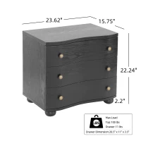 Retro Modern Nightstand with 3 Wave Drawers, Wooden Bedside Storage Table with Bulbous Feet, 23.5'' L x 15.5'' W x 22.5'' H, Black(m-3)