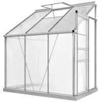Outsunny 6' x 4' Aluminum Lean-to Greenhouse Polycarbonate Walk-in Garden Greenhouse with Adjustable Roof Vent, Rain Gutter and Sliding Door for Winter, Clear(m-11)