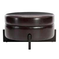 Stylish Round Storage Ottoman with Leather Upholstery, Versatile Coffee Table for Living Room and Bedroom, 32'' L x 32" W x 17.5" H, Dark Brown(m-2)