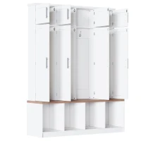 Rustic Farmhouse Hall Tree with 8 Storage Doors, Heavy-Duty Shoe Storage Bench Unit with 4 Bottom Compartments, 59'' L x 15.5'' W x 75'' H, White(m-11)