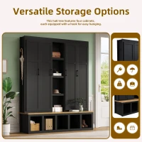 Rustic 4-in-1 Hall Tree Coat Rack with 4 Cabinets and 6 Sturdy Hooks, Shoe Storage Bench Unit for Mudroom, 63'' L x 15.5'' W x 76.5'' H, Black(m-5)