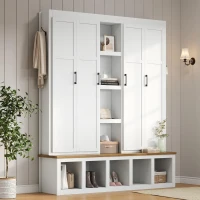 Rustic 4-in-1 Hall Tree Coat Rack with 4 Cabinets and 6 Sturdy Hooks, Shoe Storage Bench Unit for Mudroom, 63'' L x 15.5'' W x 76.5'' H, White(m-1)