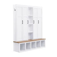 Rustic 4-in-1 Hall Tree Coat Rack with 4 Cabinets and 6 Sturdy Hooks, Shoe Storage Bench Unit for Mudroom, 63'' L x 15.5'' W x 76.5'' H, White(m-14)
