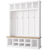 Farmhouse Hall Tree Coat Rack with 13 Compartments, Shoe Storage Bench Unit with Wide Storage Seating Bench, 59'' L x 18'' W x 79'' H, White(m-14)