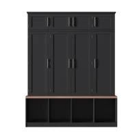 Rustic Farmhouse Hall Tree with 8 Storage Doors, Heavy-Duty Shoe Storage Bench Unit with 4 Bottom Compartments, 59'' L x 15.5'' W x 75'' H, Black(m-2)