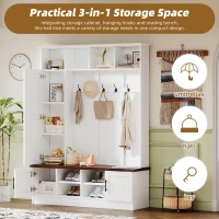 Rustic Farmhouse Hall Tree Coat Rack with Shoe Storage Bench, Heavy-Duty Storage Cabinet Unit with 6 Metal Hooks, 55'' L x 15.5'' W x 73'' H, White(m-5)