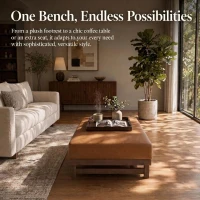 Sleek Large Ottoman with Faux Leather and Walnut Legs, Versatile Coffee Table for Living Room, 48" L × 27.5" W × 15.5" H, Light Brown(m-4)