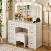 Luxurious Dressing Vanity Desk with 10 Hollywood Bulbs, Modern Makeup Table Set with 9 Storage Drawers, 44'' L x 15.5'' W x 53.5'' H, White(m-1)