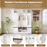 Rustic Farmhouse Hall Tree Coat Rack with Shoe Storage Bench, Heavy-Duty Storage Cabinet Unit with 6 Metal Hooks, 55'' L x 15.5'' W x 73'' H, White(m-4)